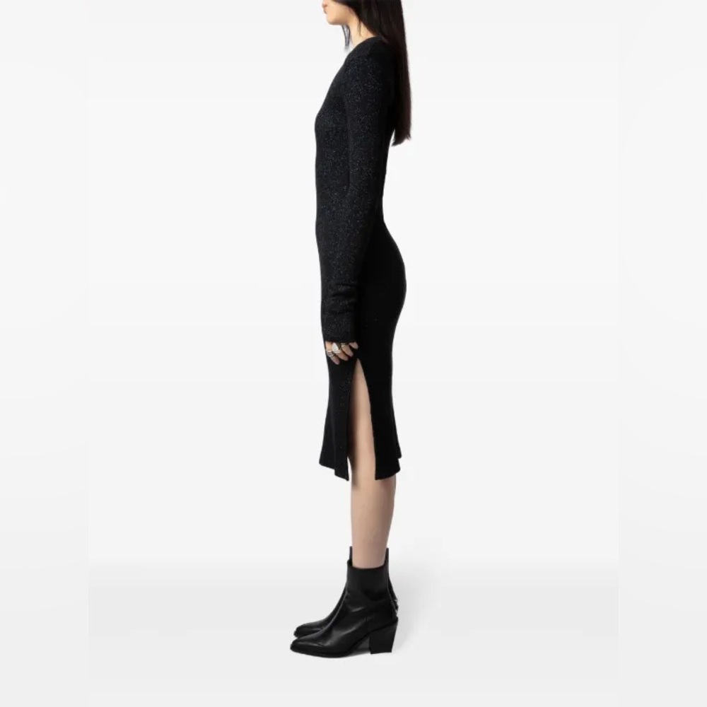 Zadig & Voltaire Ruby Heavy Rib Lurex Midi Dress Black Sparkle Size L NWT